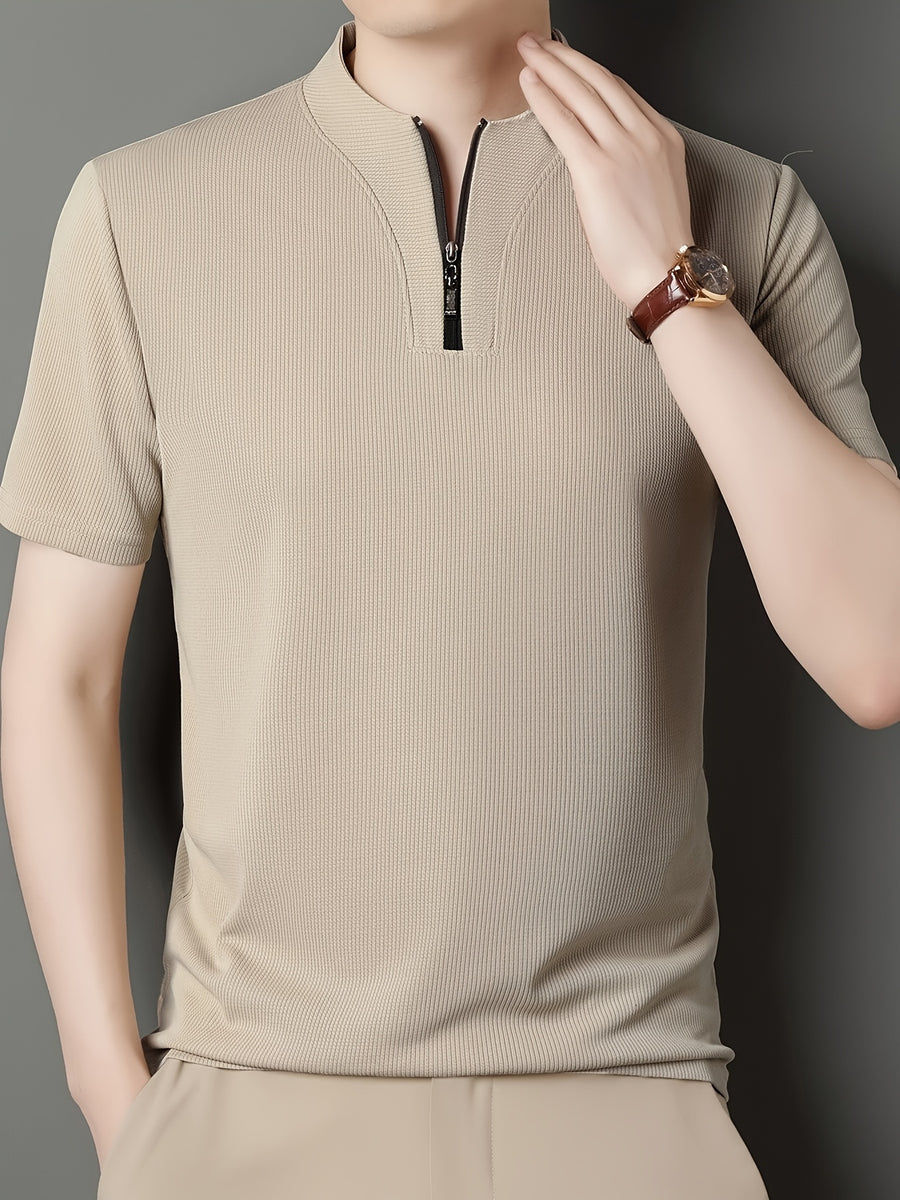 SaXing OBM New Spring/Summer Men's Polo Shirt, Solid Color Textured Ribbed Cable Knit Half-Placket Zipper Style Stand Collar Short Sleeve T-Shirt, Men's Business Casual Fashionable Breathable Versatile Henley Knit Pullover Base Layer Top - Apricot
