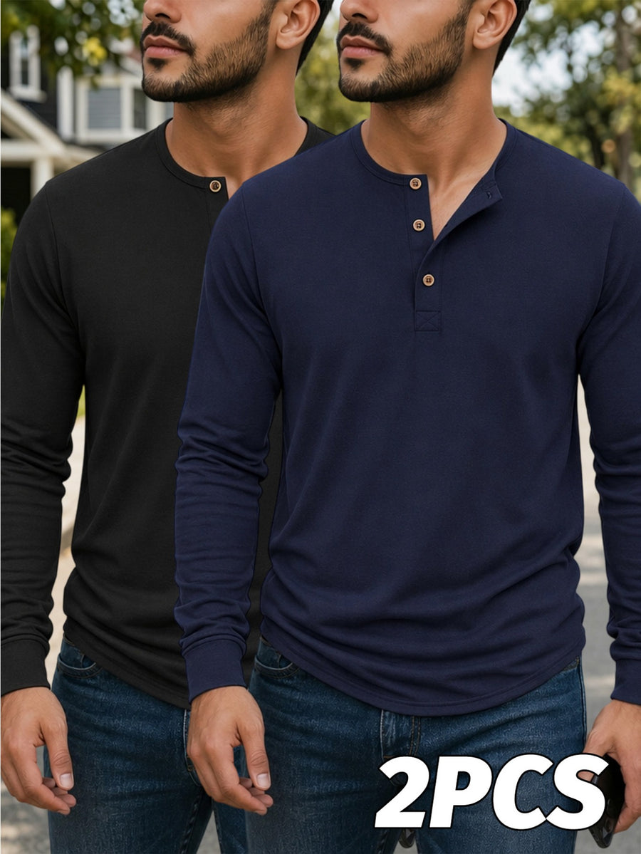 Men's Casual Long-Sleeve Henley T-Shirt 2pcs for Spring, Autumn, and Winter, Breathable and Comfortable Knitted Fabric, Versatile Base Layer, American-Style Casual Versatile Men's Top, Henley Collar + Vintage Buttons, Suitable for Commuting - Navy Blue+Black