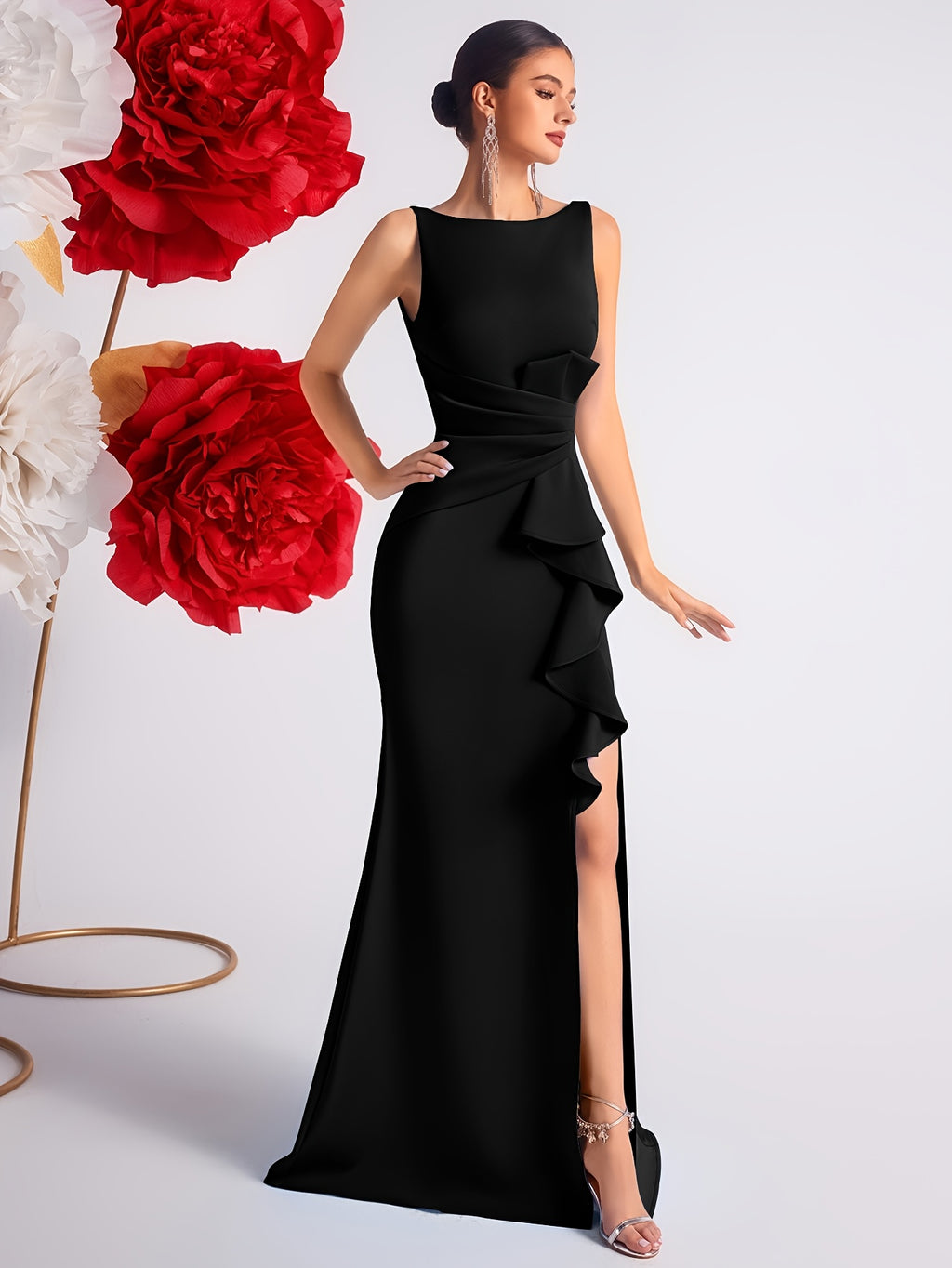 2025 Solid Color High Waist Pleated Ruffle Trim Slit Backless Prom Party Evening Gown Dress - Black