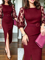 Women's Spring/Autumn Niche Chic Light Luxury High-End Simple and Elegant Round Neck Spliced Mesh Sleeve Hem with Front Slit Design, Includes Belt, Temperamental, Versatile for Daily Wear, Valentine's Day Dates, Gatherings, Vacations - Burgundy
