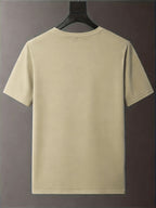 Men's White Loose Crew Neck T-Shirt with Centered Horizontal Stripes & Orange Maple Leaf Print, Soft Minimalist Niche Design, Slim Flattering Breathable Basic Tee for Daily Summer Wear - Khaki