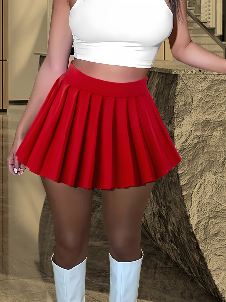 Solid Color Versatile High-Waist Pleated Mini Skirt - Flattering And Stylish for Women - Red
