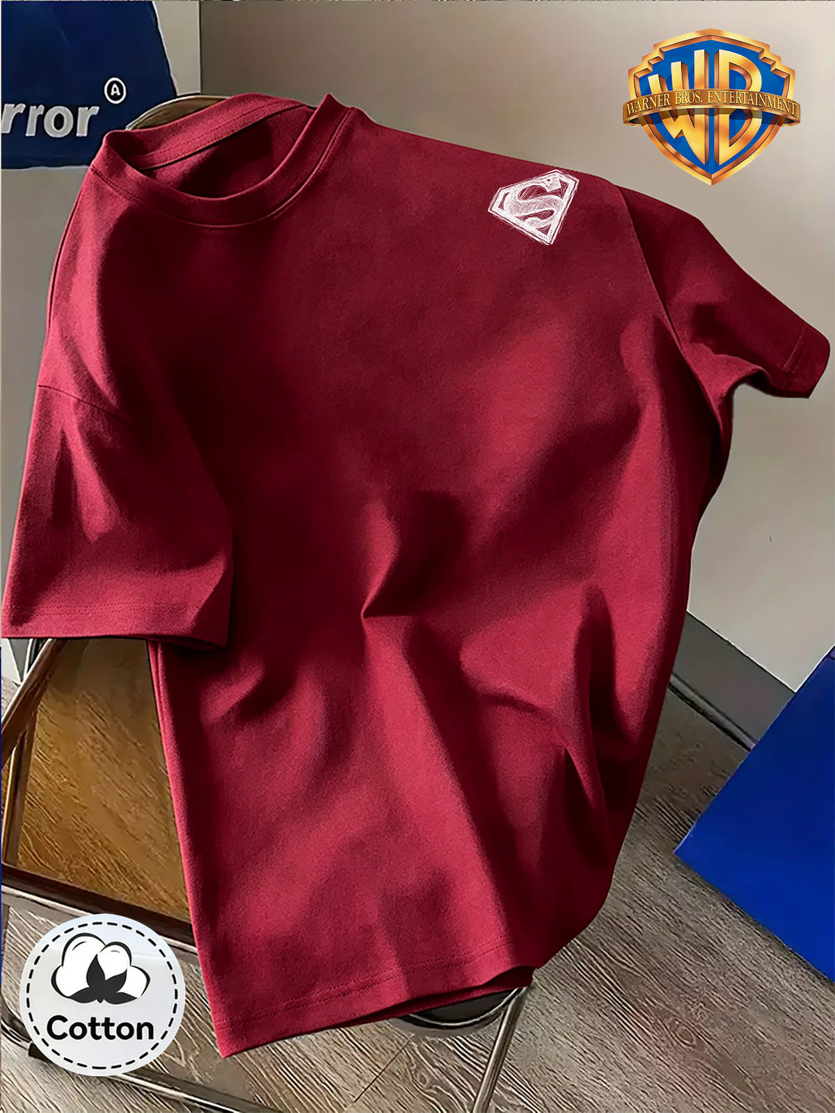 DC Superman Sketch S Logo Print 100% T-Shirt, Unisex Trendy Top, Double-Sided Print Design, Soft Fabric Material, Fashionable And Versatile Round Neck Short Sleeve Top, Designed for Men. Casual And Comfortable, Diverse Styles And Loose Fit - Burgundy