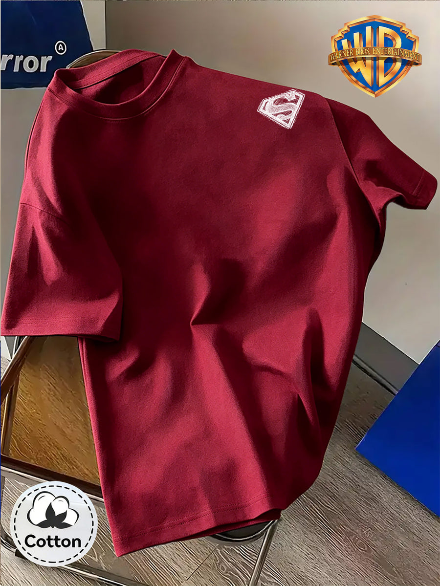 DC Superman Sketch S Logo Print 100% T-Shirt, Unisex Trendy Top, Double-Sided Print Design, Soft Fabric Material, Fashionable And Versatile Round Neck Short Sleeve Top, Designed for Men. Casual And Comfortable, Diverse Styles And Loose Fit - Burgundy