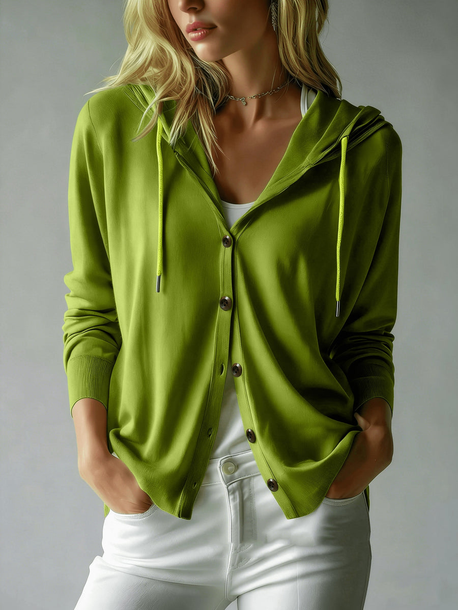 Women's Button Cardigan with a Hood, Drawstring Hood Design, French Style, European and American Style, Casual, Loose, All-season Versatile, Can Be Worn Alone or as an Outer Layer, Suitable for Daily Commuting and Various Occasions. - Green
