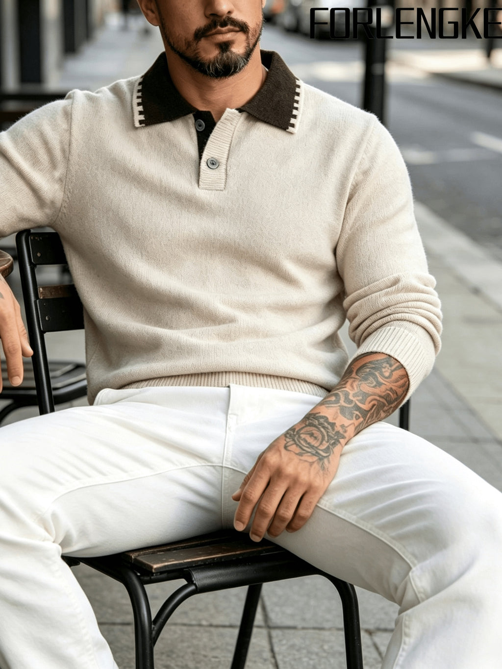 FORLENGKE Stylish Elegant Men'S Business Casual Color Block Lapel Polo Knit Sweater, Soft Skin-Friendly Thick Long Sleeve Pullover for Fall Winter Office Daily Wear - Apricot