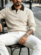 FORLENGKE Stylish Elegant Men'S Business Casual Color Block Lapel Polo Knit Sweater, Soft Skin-Friendly Thick Long Sleeve Pullover for Fall Winter Office Daily Wear - Apricot