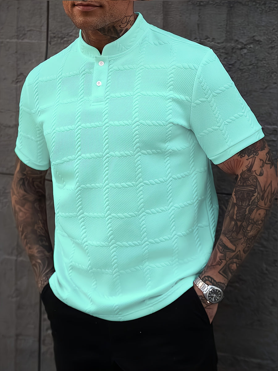 New Cross-Border Men's Fashion Summer Wear, Casual Sporty Short Sleeve Stand Collar Henley Shirt - Green