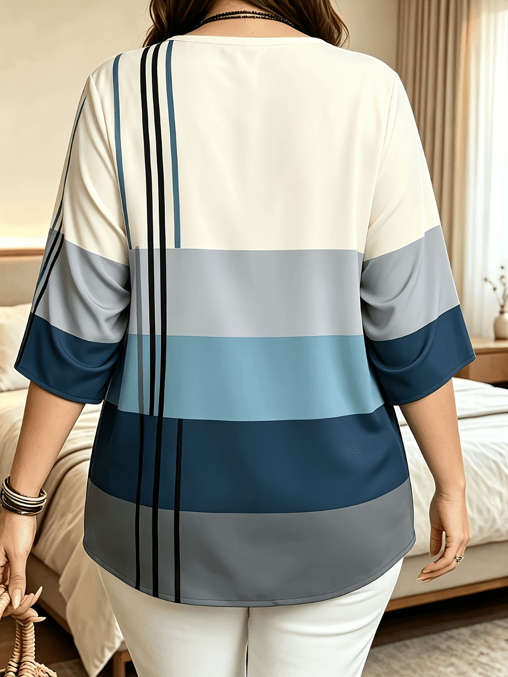Printed Design – Not Textured. Women's Casual Button-Patch Colorblock V-Neck Three-Quarter Sleeve T-Shirt, a Perfect Gift for. - Mixed Color K