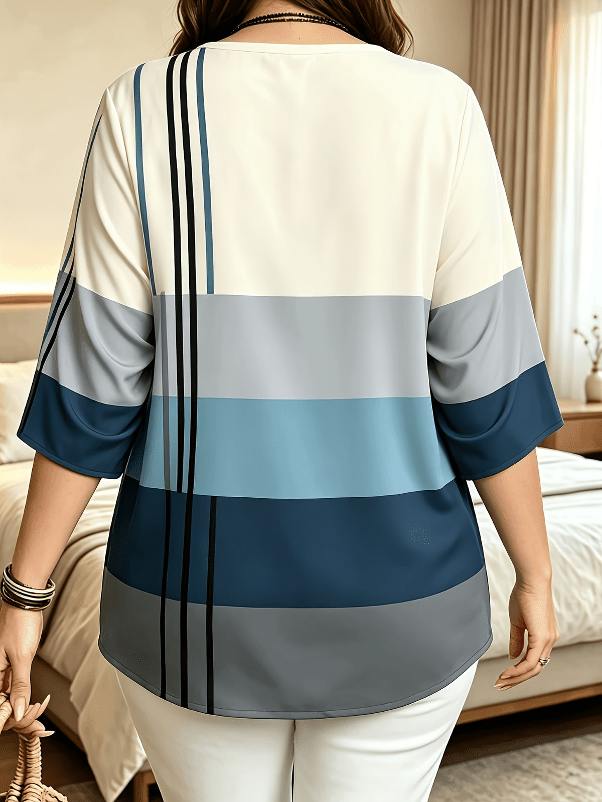 Printed Design – Not Textured. Women's Casual Button-Patch Colorblock V-Neck Three-Quarter Sleeve T-Shirt, a Perfect Gift for. - Mixed Color K