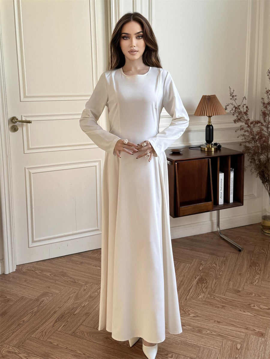 A-Line Dress in a Solid Apricot Color, Featuring Long Sleeves, Ideal for Casual Wear in The Spring And Autumn, Made from Fabric - Apricot