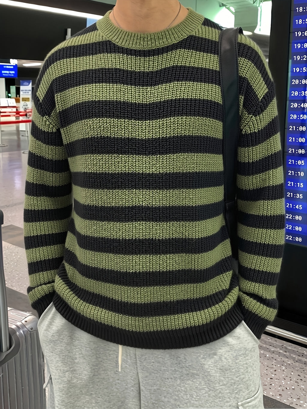 Spring/Autumn New Trendy Fashion Versatile Casual Men'S Knit Pullover Sweater, Easy Lazy Style Striped Aesthetic Casual Round Neck Sweater Long Sleeve, Office School Commute Vacation Street Dance Outfit - Olive Green Color