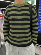 Spring/Autumn New Trendy Fashion Versatile Casual Men'S Knit Pullover Sweater, Easy Lazy Style Striped Aesthetic Casual Round Neck Sweater Long Sleeve, Office School Commute Vacation Street Dance Outfit - Olive Green Color