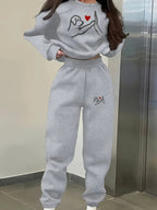 4444Z104 Round Neck Sweatshirt Print Two-Piece Set - Light Grey