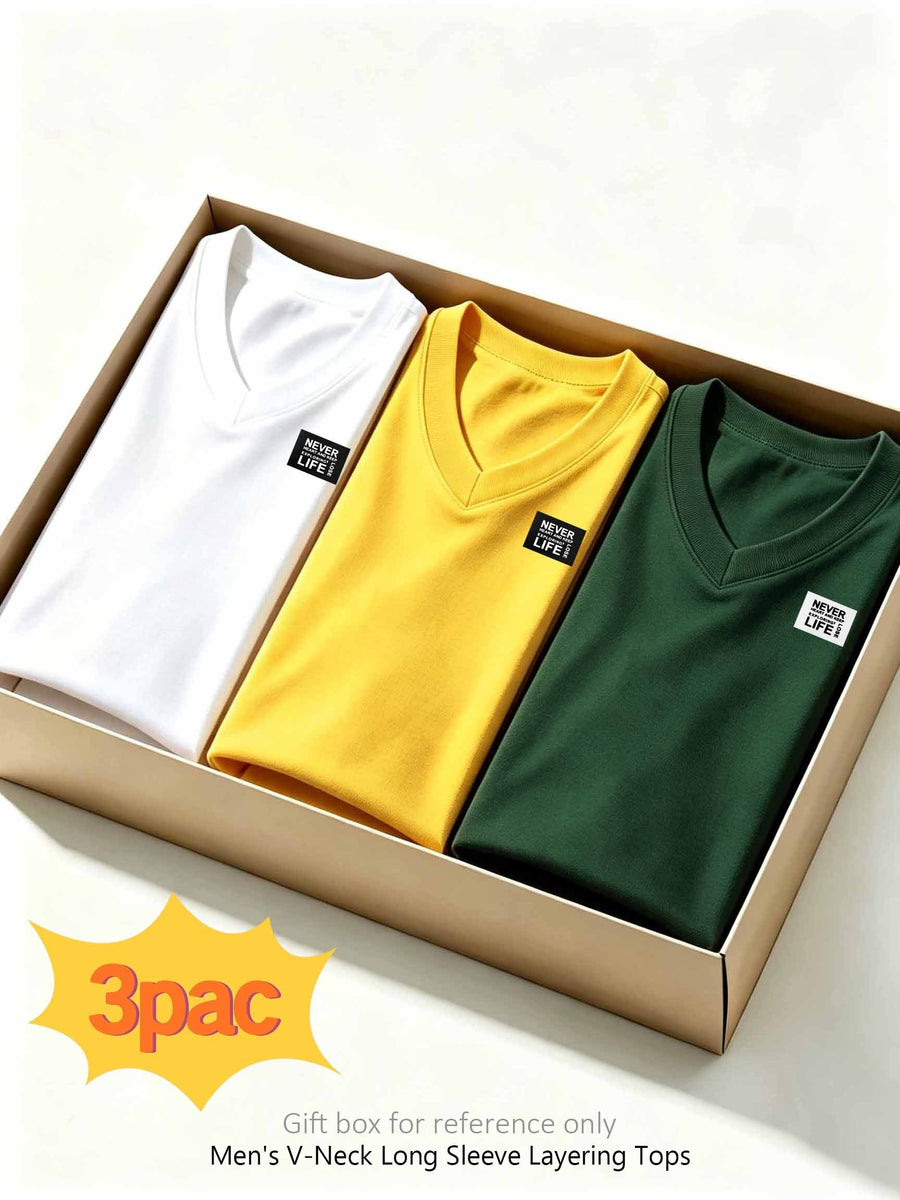 100%, 3pcs Men'S V-Neck Long Sleeve Chokers T-Shirts, Men'S Knit Sweatshirt, New Casual Athletic Ribbed Collar Top - White + Yellow + Dark Green