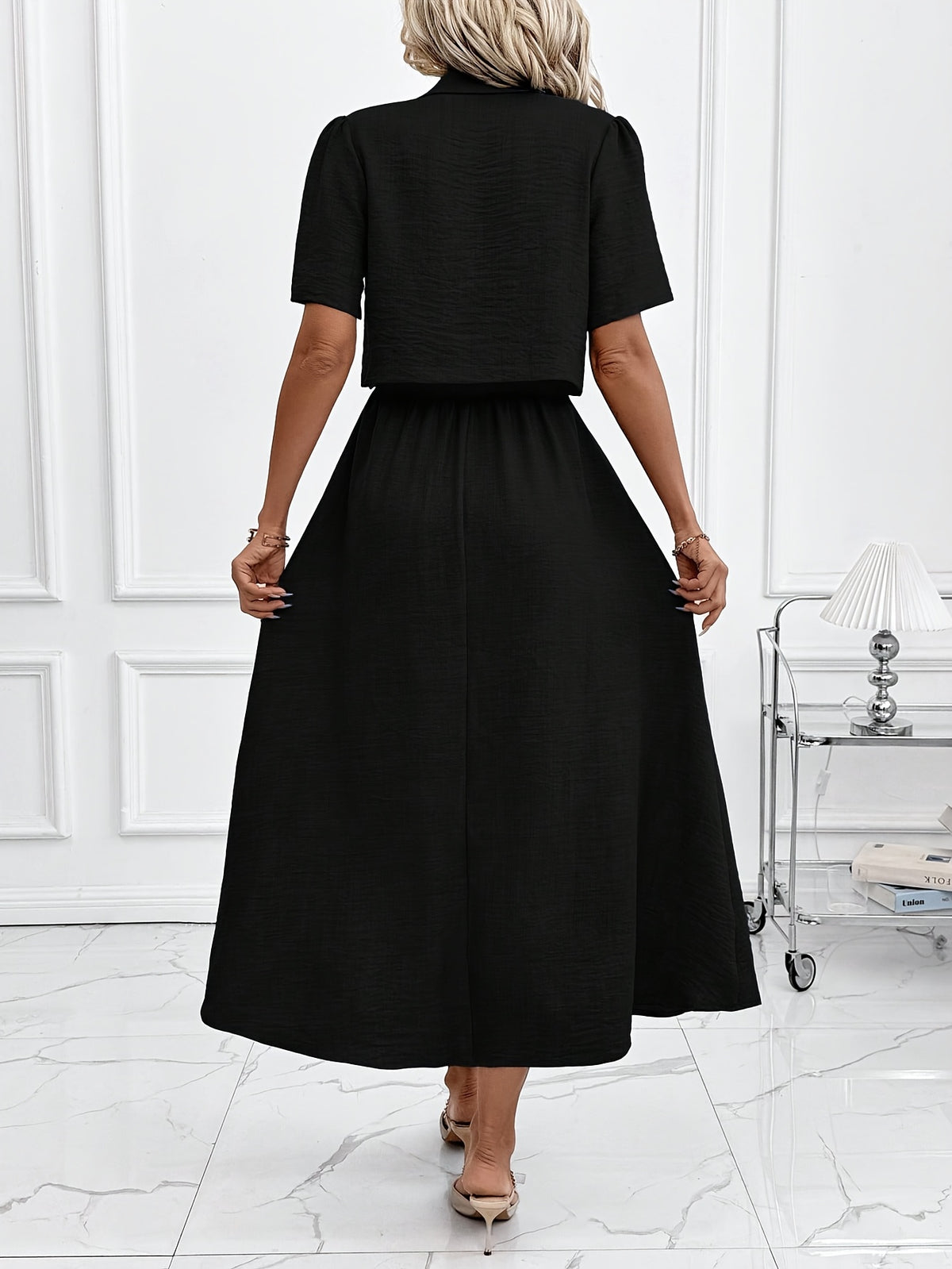 Women's New Elegant Shirt and Slip Dress 2pcs Set, Suitable for Commuting and Various Occasions, Vacation Wear - Black