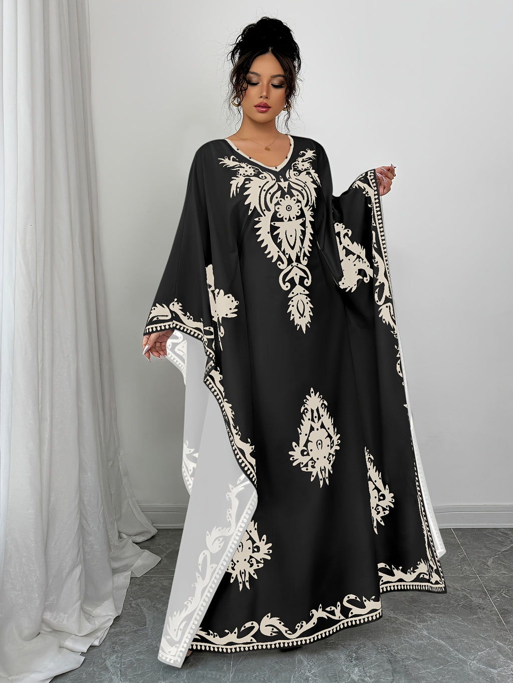 Casual Women's Middle Eastern Ethnic Print Loose Robe - Black