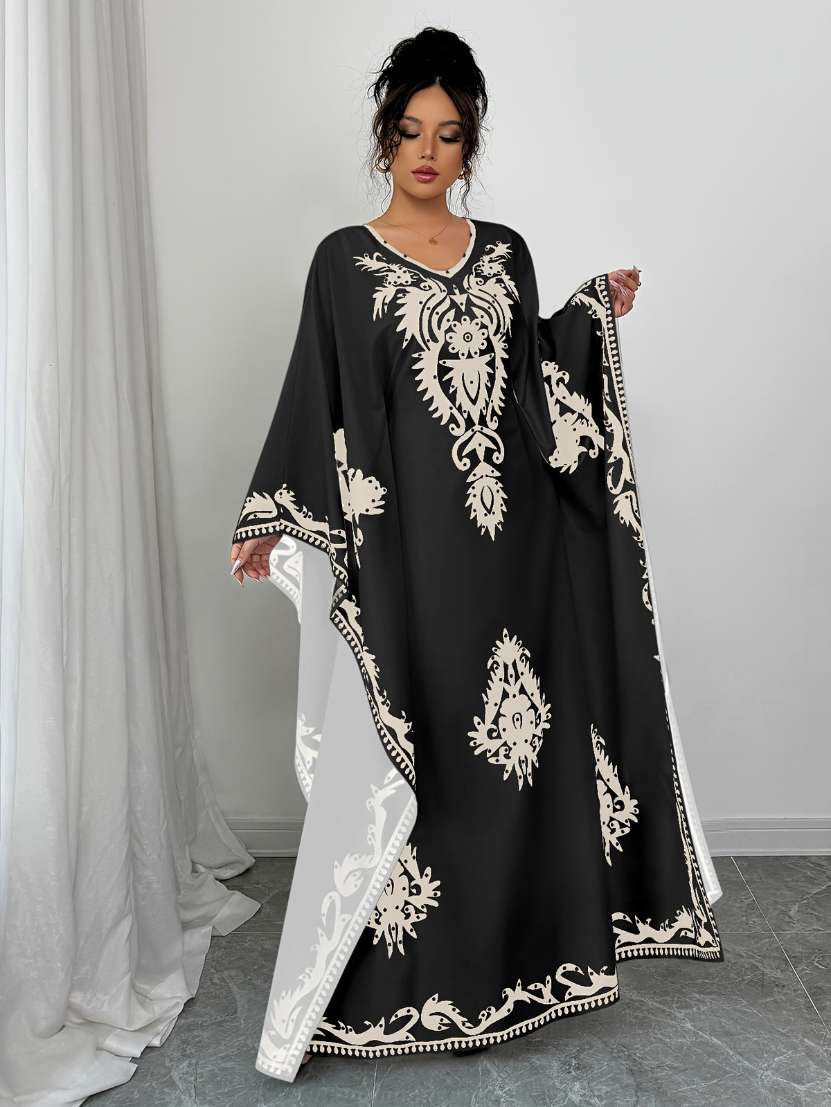 Casual Women's Middle Eastern Ethnic Print Loose Robe - Black