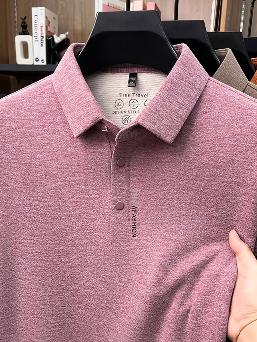 Men'S Lapel Long Sleeve Polo Shirt, Classic Small Lapel, 3-Button Placket, Business Commute And Casual Wear - SINBOS - pink