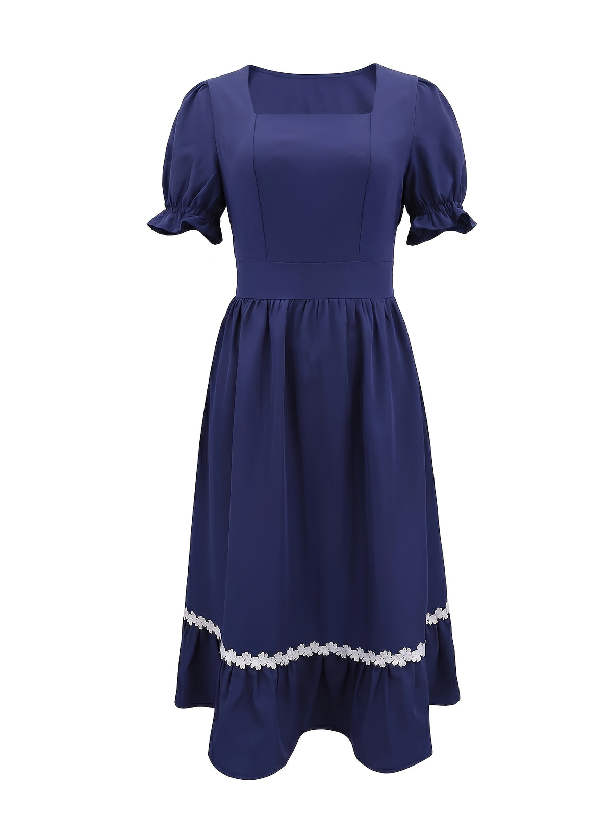 Women's Ombre Color Casual Elegant Vacation Wrap-Front Waist-Cinching A-Line Lace Trim Dress - Blue