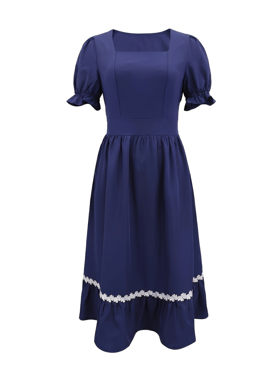 Women's Ombre Color Casual Elegant Vacation Wrap-Front Waist-Cinching A-Line Lace Trim Dress - Blue