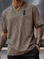 Short Sleeve T-Shirt, 100% Washed Distressed Loose Fit, Front And Back Double Print of Dark Ink Warriors, Casual Street Y2K Hip-Hop Style Couple'S Daily Commute Fitness Outing Statement Top - Brown
