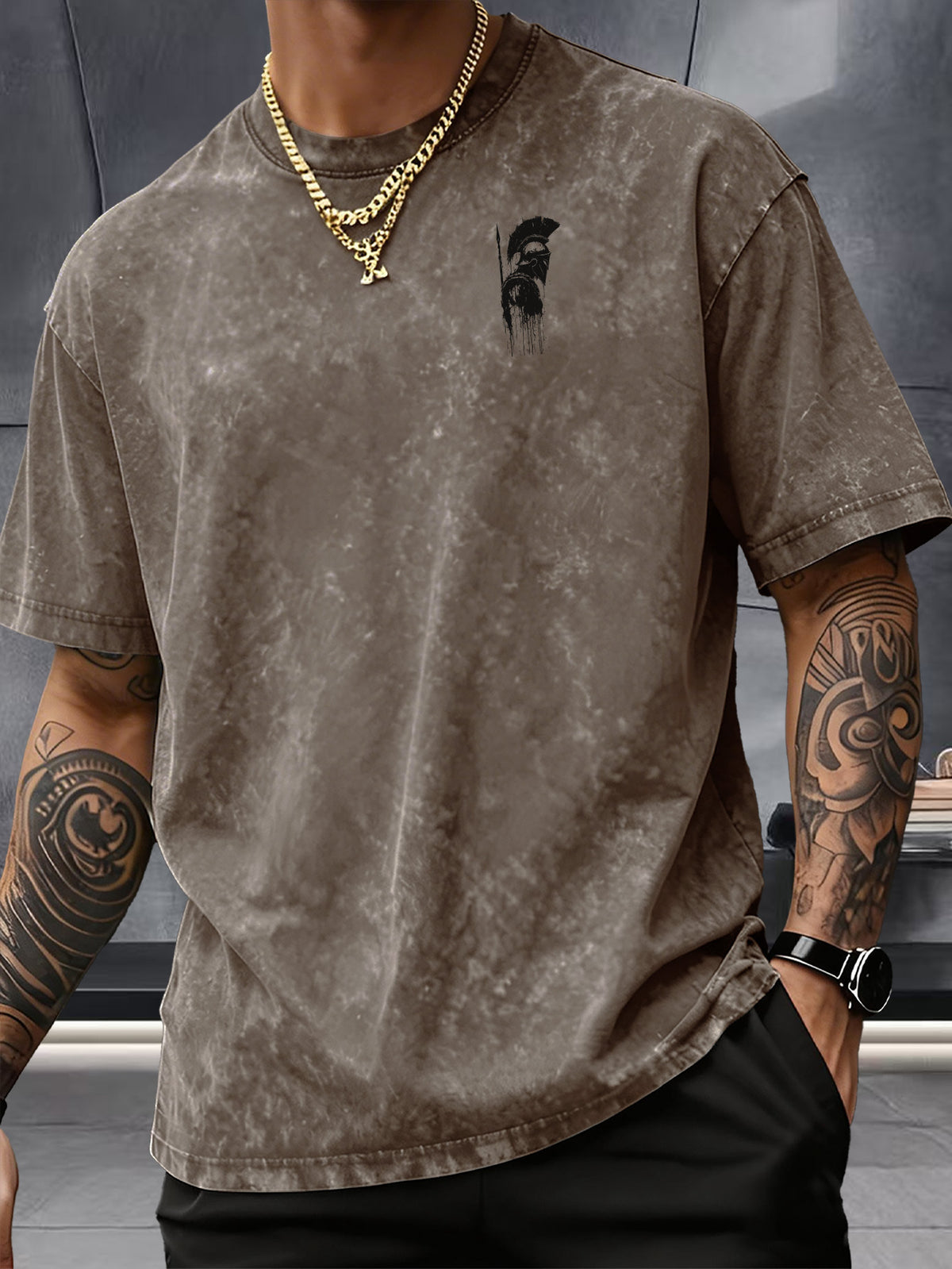 Short Sleeve T-Shirt, 100% Washed Distressed Loose Fit, Front And Back Double Print of Dark Ink Warriors, Casual Street Y2K Hip-Hop Style Couple'S Daily Commute Fitness Outing Statement Top - Brown