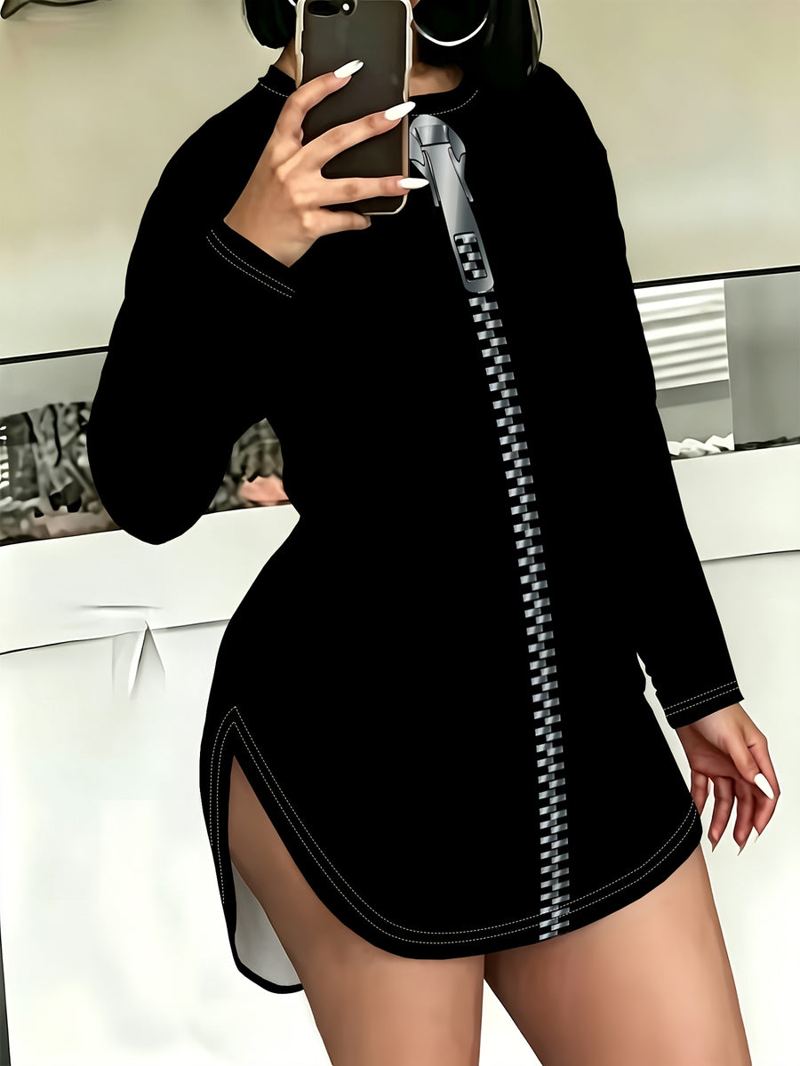 Women's T-shirt, Drop-shoulder Long-sleeve Tee with Side Slits, Featuring a Creative Virtual Large Zipper Print Design. Loose Mid-length Fit with Comfortable, Skin-friendly Fabric That Gently Contours the Body. Suitable for Daily Outings and Casual - Mixed colors