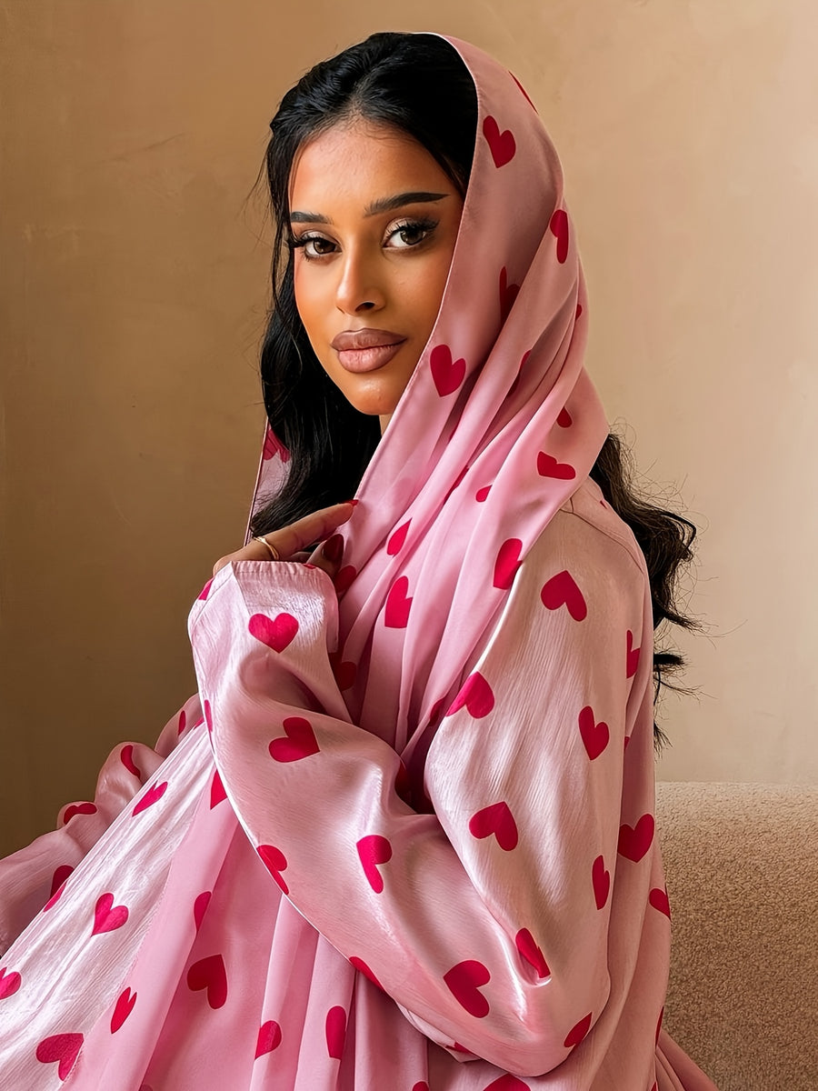 1 Set Heart Print Satin Abaya Set With, Elegant Flare Maxi Open Abaya for Women - Pink