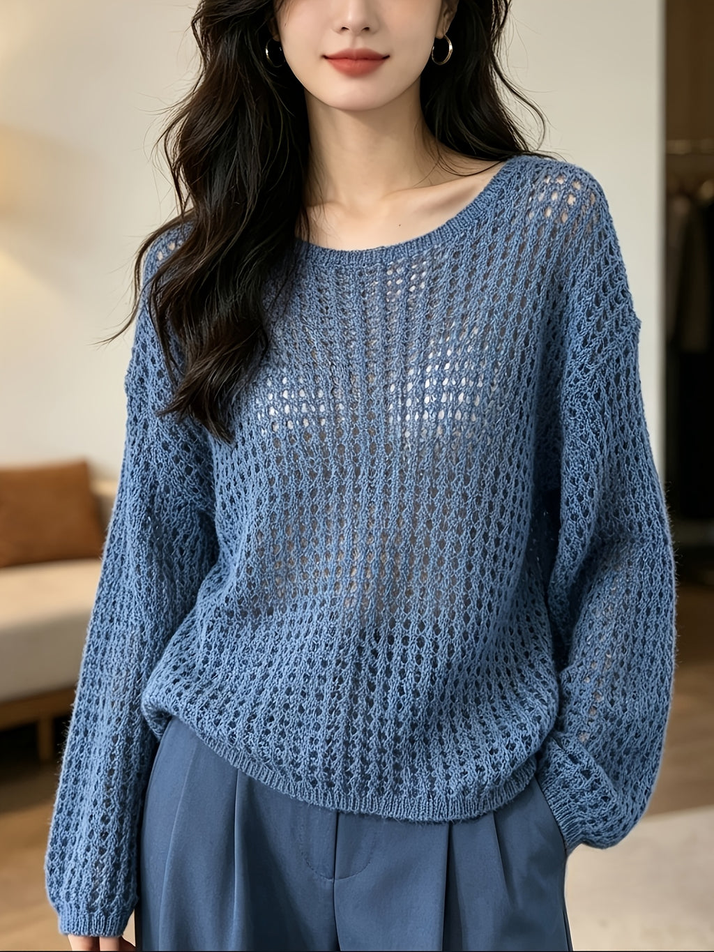 Women's New Spring/Summer Hollow-Out Solid Color One-Shoulder Pullover Knitwear, Casual Style Outer Cover-Up Shirt - Dark Blue 1