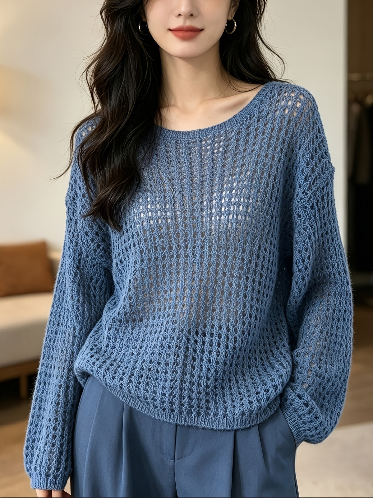 Women's New Spring/Summer Hollow-Out Solid Color One-Shoulder Pullover Knitwear, Casual Style Outer Cover-Up Shirt - Dark Blue 1