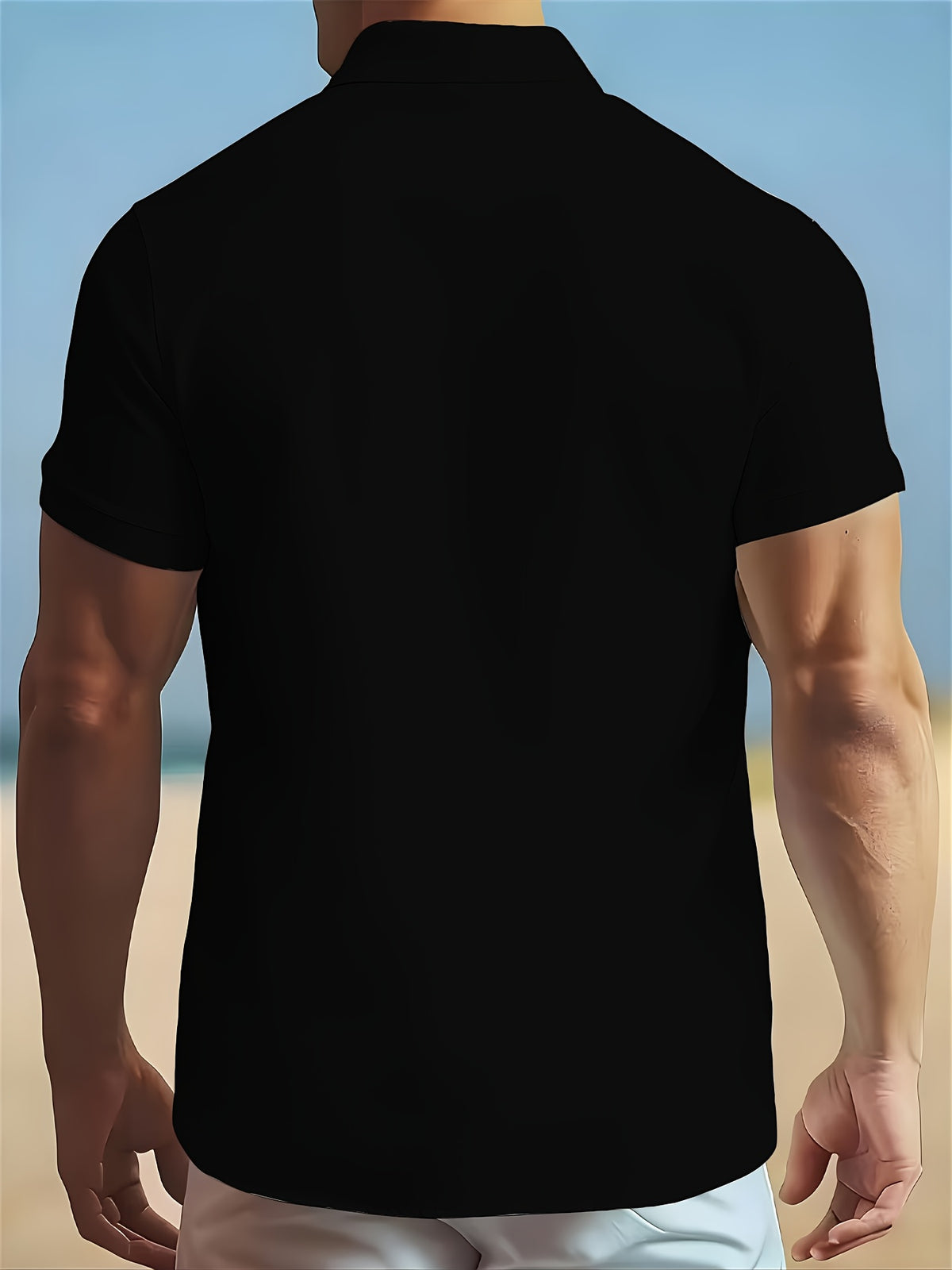 Men'S Solid Color Short Sleeve Shirt, Summer Lightweight Breathable Fabric, Classic Collar, Loose Fit, Textured Fabric, Suitable for Casual, Office & Weekend Wear, Short Sleeve Top, Non-Stretch Material, Durable Casualwear, Outdoor Casual - Black