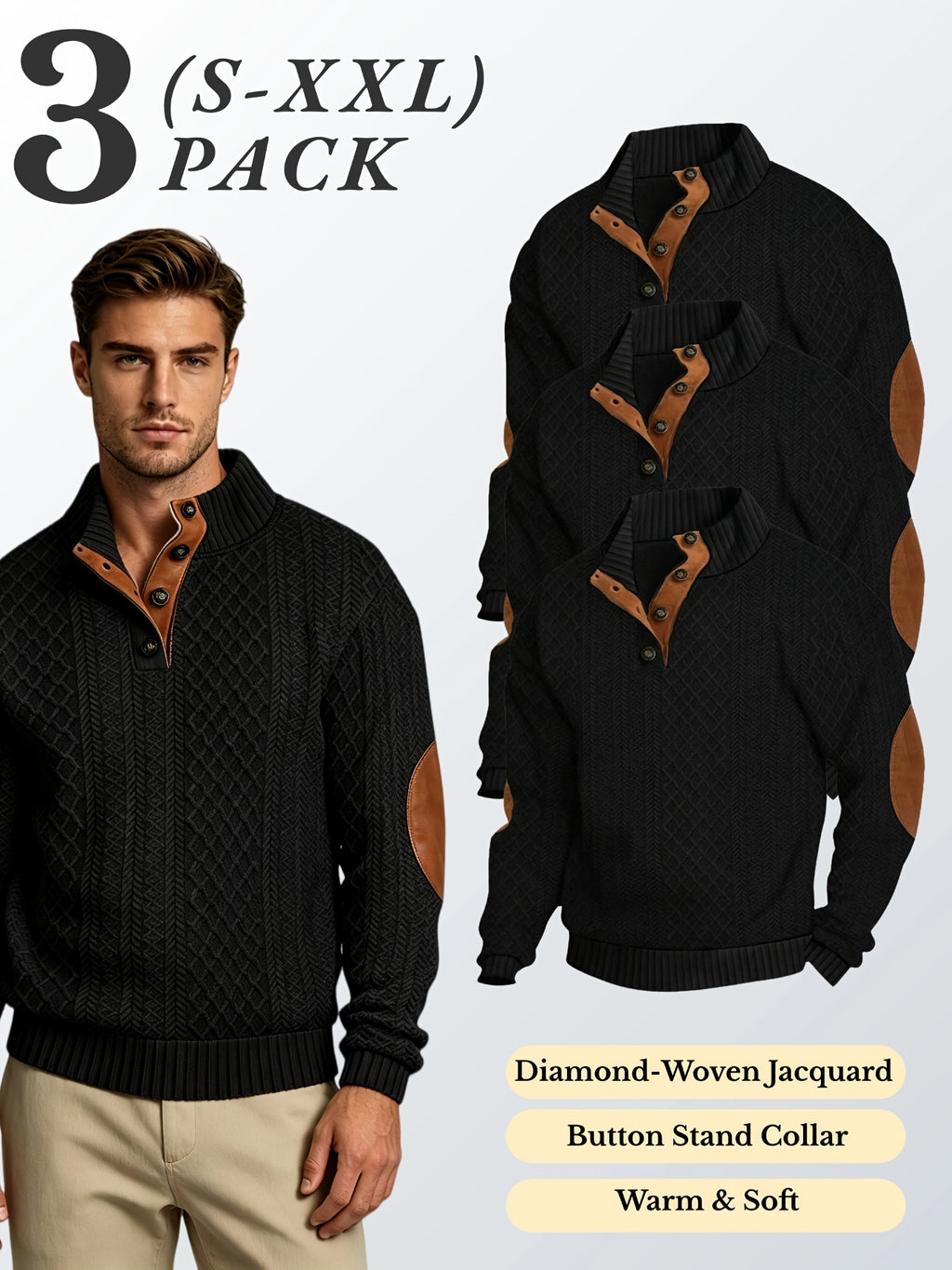 3pcs Men'S Textured Jacquard Knit Sweater Retro Casual Button-Up Stand Collar Long Sleeve Top for Autumn Winter Outing Home Versatile Basic Solid Color - Black 3