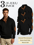3pcs Men'S Textured Jacquard Knit Sweater Retro Casual Button-Up Stand Collar Long Sleeve Top for Autumn Winter Outing Home Versatile Basic Solid Color - Black 3