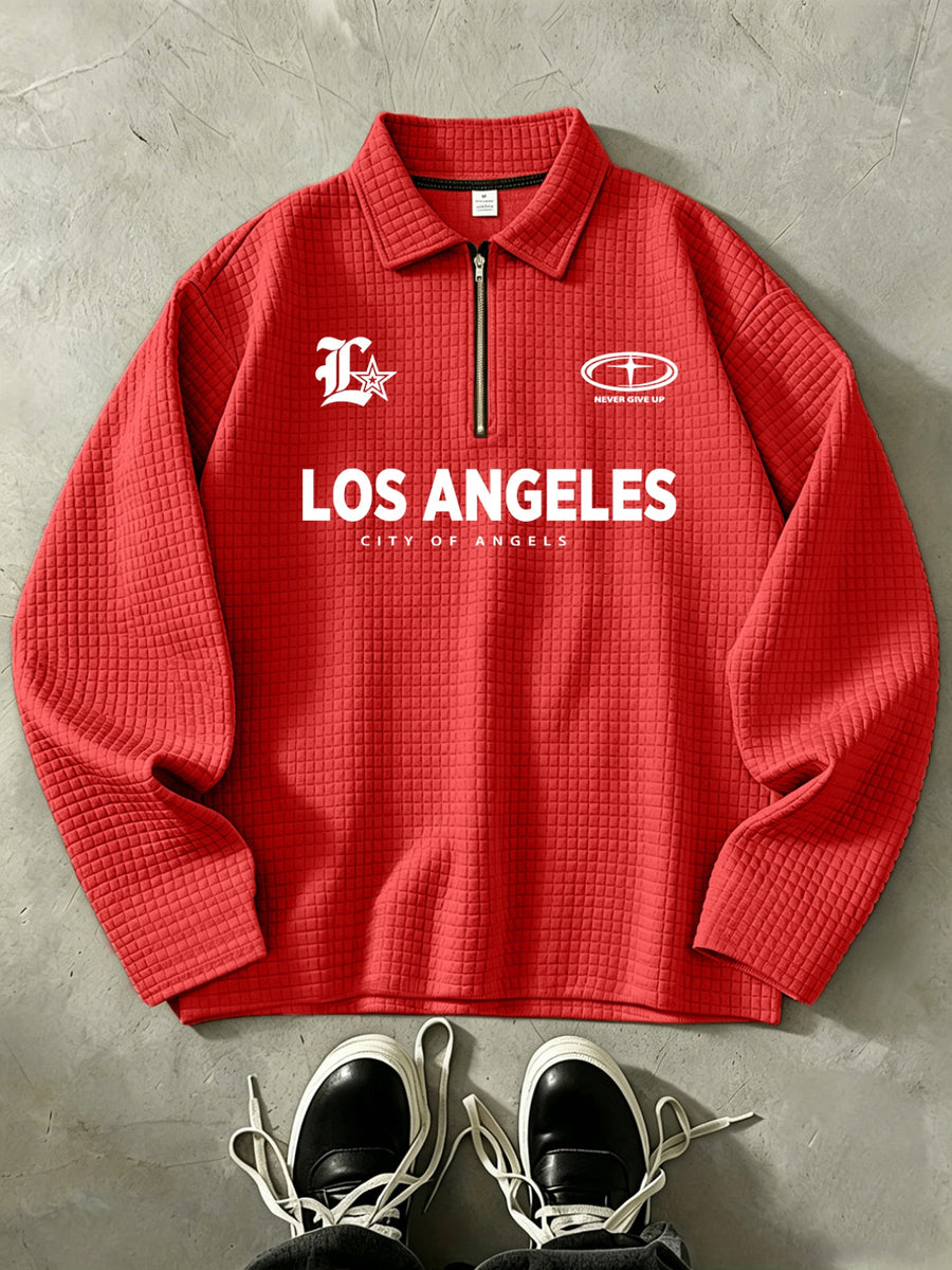 LOS ANGELES Men'S Half-Zip Fashion Waffle Texture Autumn Winter Casual Athletic POLO Shirt Sweatshirt, Street Style Versatile Trendy Long Sleeve Top - Red
