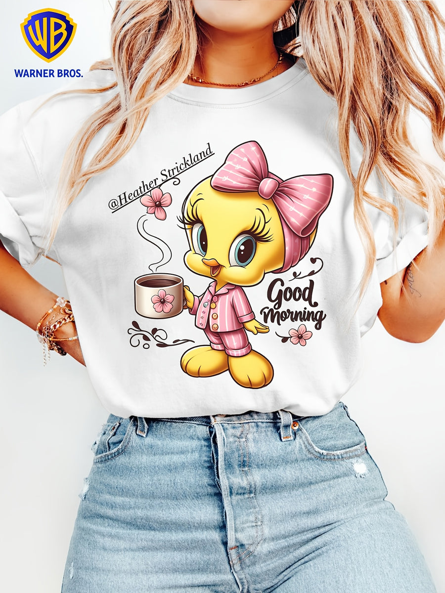 Women'S Elegant Short Sleeve, Cui Di Good Morning Morning Coffee Style Print, Soft Stretch Round Neck Casual Retro Style Top, Warner Bros. Licensed, Suitable for Spring Summer Autumn Daily And Vacation Wear, S-XXL Size - White