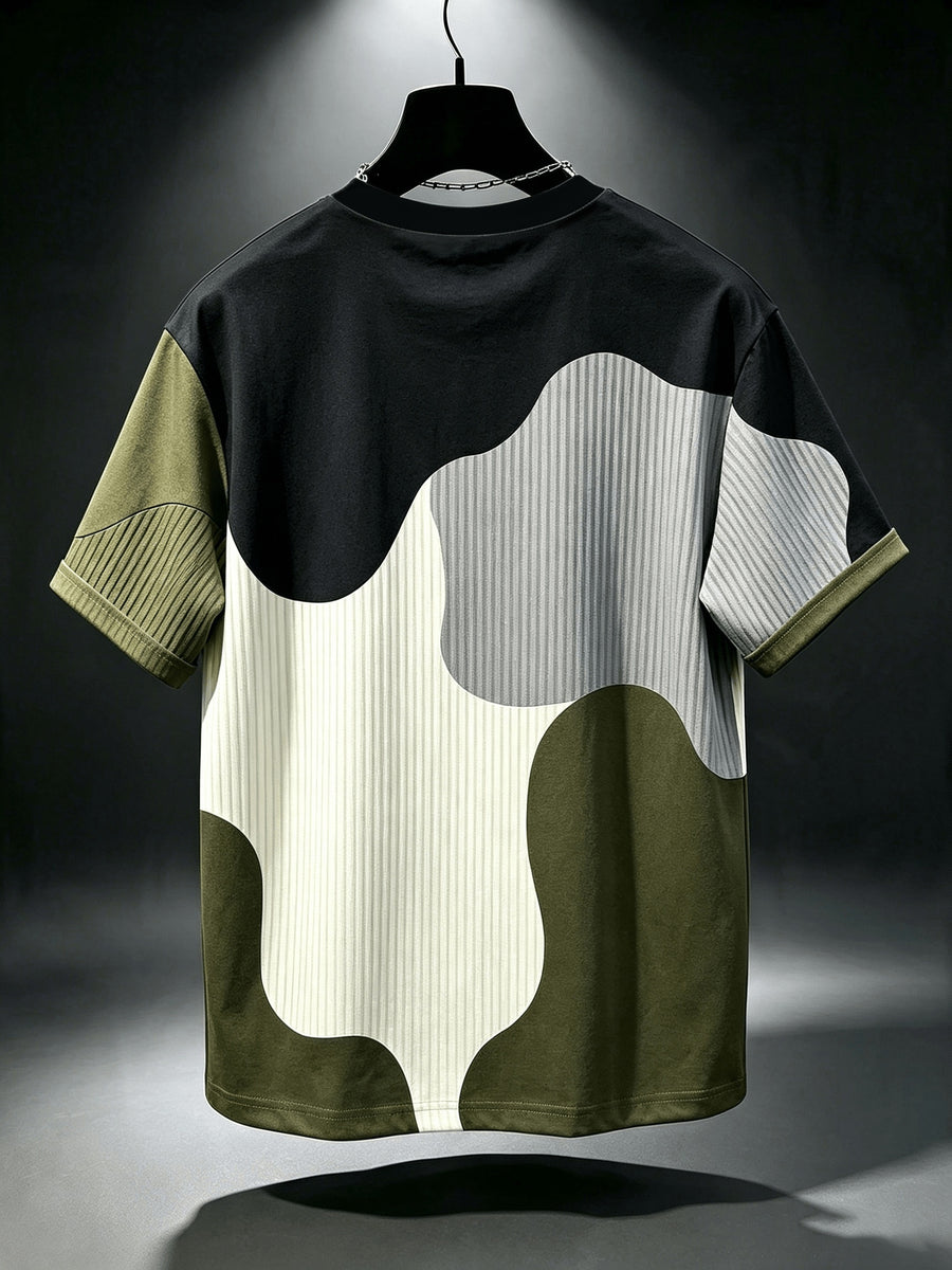 Printed Design - Non-Textured Men's Casual Crew Neck T-Shirt, Geometric Pattern Patchwork Stripe Design, Chicago Word "Chicago" Graphic, Draping Fashion Top, All-Season Wear, Breathable Regular Fit for Daily and Formal Outfits - Crew Neck Casual Top - Multicolor 6
