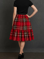 Elegant Party Casual Vacation Print Elastic Waist Red Plaid Print Skirt - Mixed colors
