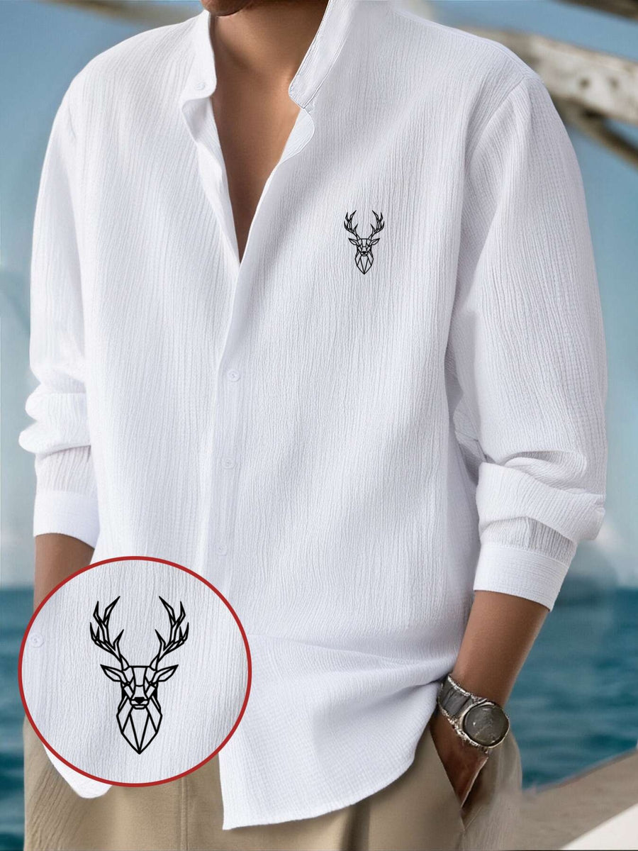 Men'S Classic Solid Color Casual Long Sleeve Button-Up Shirt - Stand Collar Design, Machine Washable, Geometric Stag Head Pattern Print, All-Season Wear, Suitable for Outdoor, Beach, And Casual Attire, Machine Washable Business Casual Shirt - White