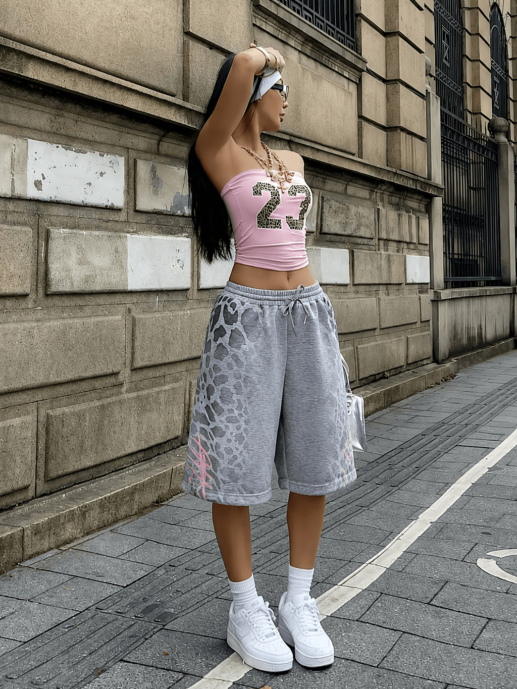 Women'S Y2K Comfortable French Gray Elastic Waist Shorts, Animal Print Casual Shorts, Women'S Summer Outfit, Summer Street Style, Back-To- College Style Wear, Leopard Print Shorts - Grey