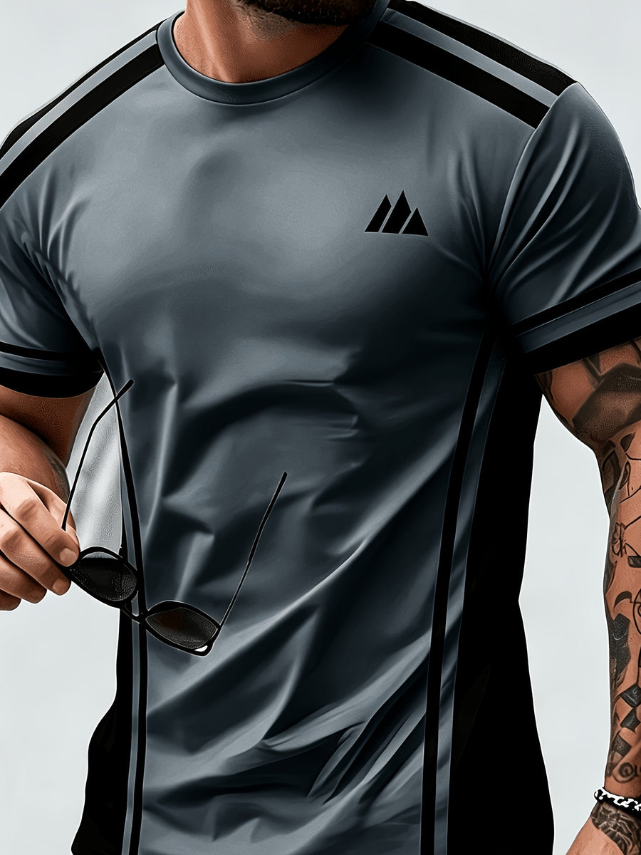 Men'S Trendy Casual Sports T-Shirt, Yellow Black Contrast Striped Mountain Peak Small Label Print Design, Fashionable Thin Breathable T-Shirt, Machine Washable Casual Short Sleeve Top - Multicolor 7