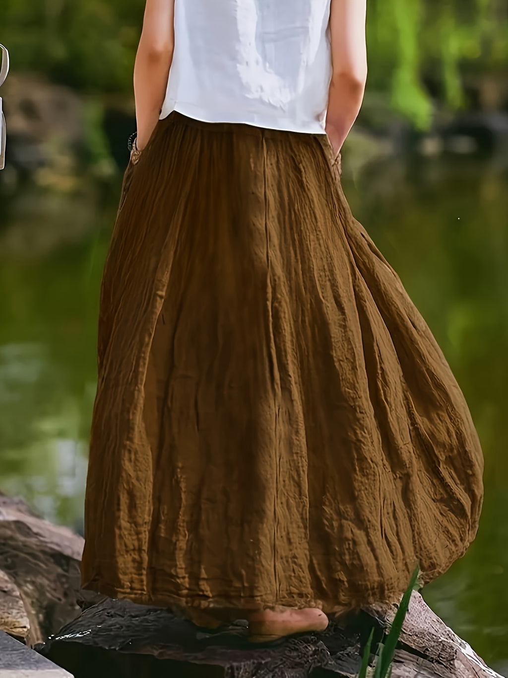 BK031606 Spring Summer Fall New Women'S Solid Retro Style Midi Skirt - Breathable, Loose Fit with Pockets, Spring Fall Elegant Casual Design - Dark Brown