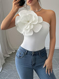 Floral Asymmetrical Neck Slim Sleeveless Casual Top - White