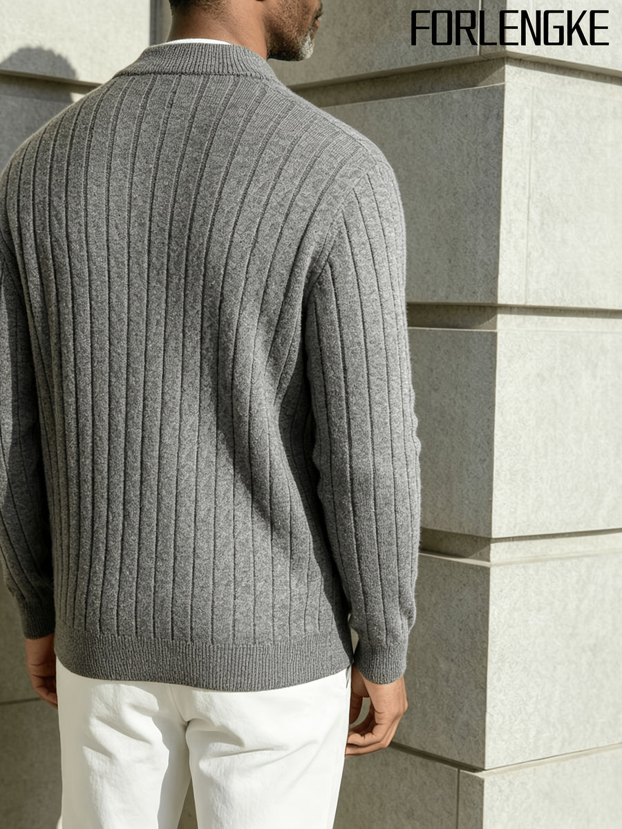 FORLENGKE New Stylish Men's Business Casual Stand Collar Cable Knit Zip Up Cardigan, Soft Warm Long Sleeve Knit Jacket for Fall Winter Office Daily Wear - Grey
