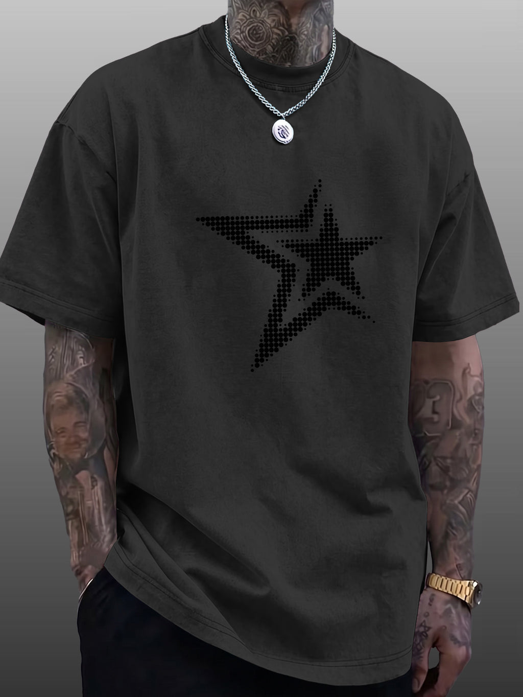 Men's Short-Sleeve T-Shirt, Pure Cotton Loose Fit Washed Distressed Half-Sleeve Top, Dot Matrix Overlapping Double Five-Star Trendy Reverse Double-Sided Print, Multiple Colors for  Mix & Match, American Streetwear High Street Hip-Hop Y2K National - Black