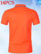 14pcs Classic Solid Color Men'S Polo Shirts, Breathable Lapel High Quality Shirts Casual Fashion Sport - Orange-Red