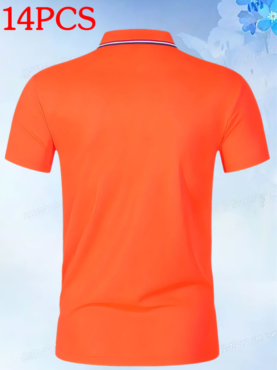 14pcs Classic Solid Color Men'S Polo Shirts, Breathable Lapel High Quality Shirts Casual Fashion Sport - Orange-Red
