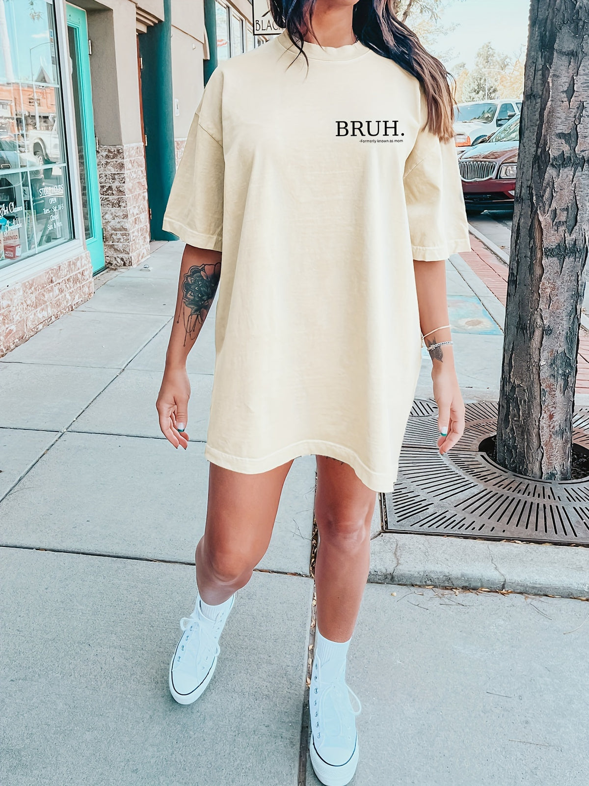Letter Print Crew Neck Tee Dress, Casual Short Sleeve Dress for Spring & Summer, Women's Clothing - Apricot
