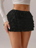 Women'S Lace Hot Pants, Lace Pleated Shorts, Ballet Style All-Match Puff Cake Ultra-Short Shorts, Ruffled Low-Waist Short Skirt - Black