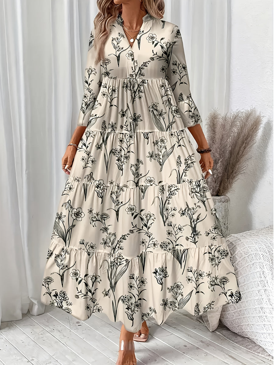 Directional Floral Print V-Neck Pleated Long-Sleeve Dress - Khaki